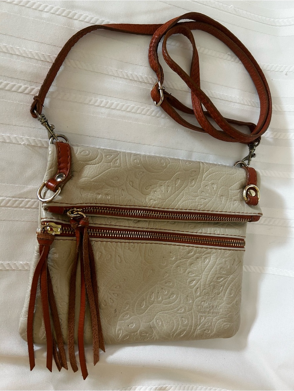Vera Pelle Crossbody Bag Italian Leather Beige Brown Embossed Paisely Fold-Over